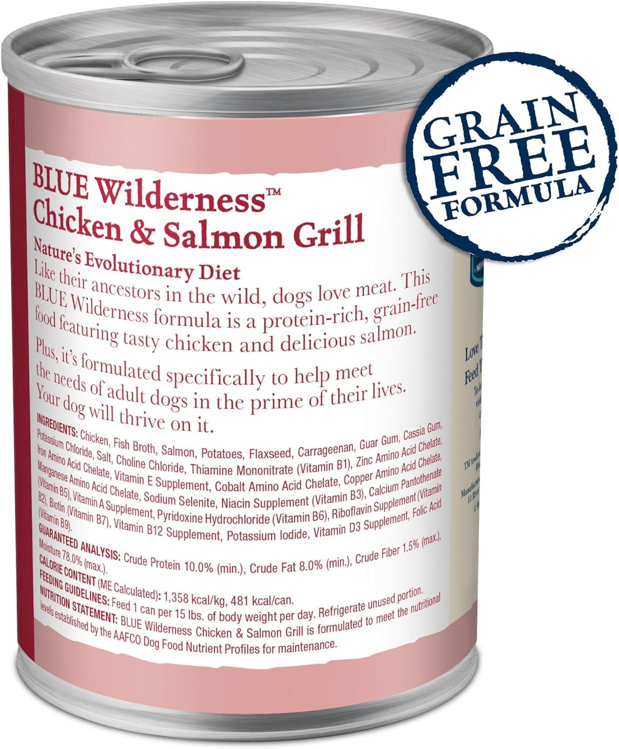 imageBlue Buffalo Wilderness Adult Wet Dog Food HighProtein amp GrainFree Made with Natural Ingredients Salmon amp Chicken Grill 125oz Cans 12 CountSalmon Chicken