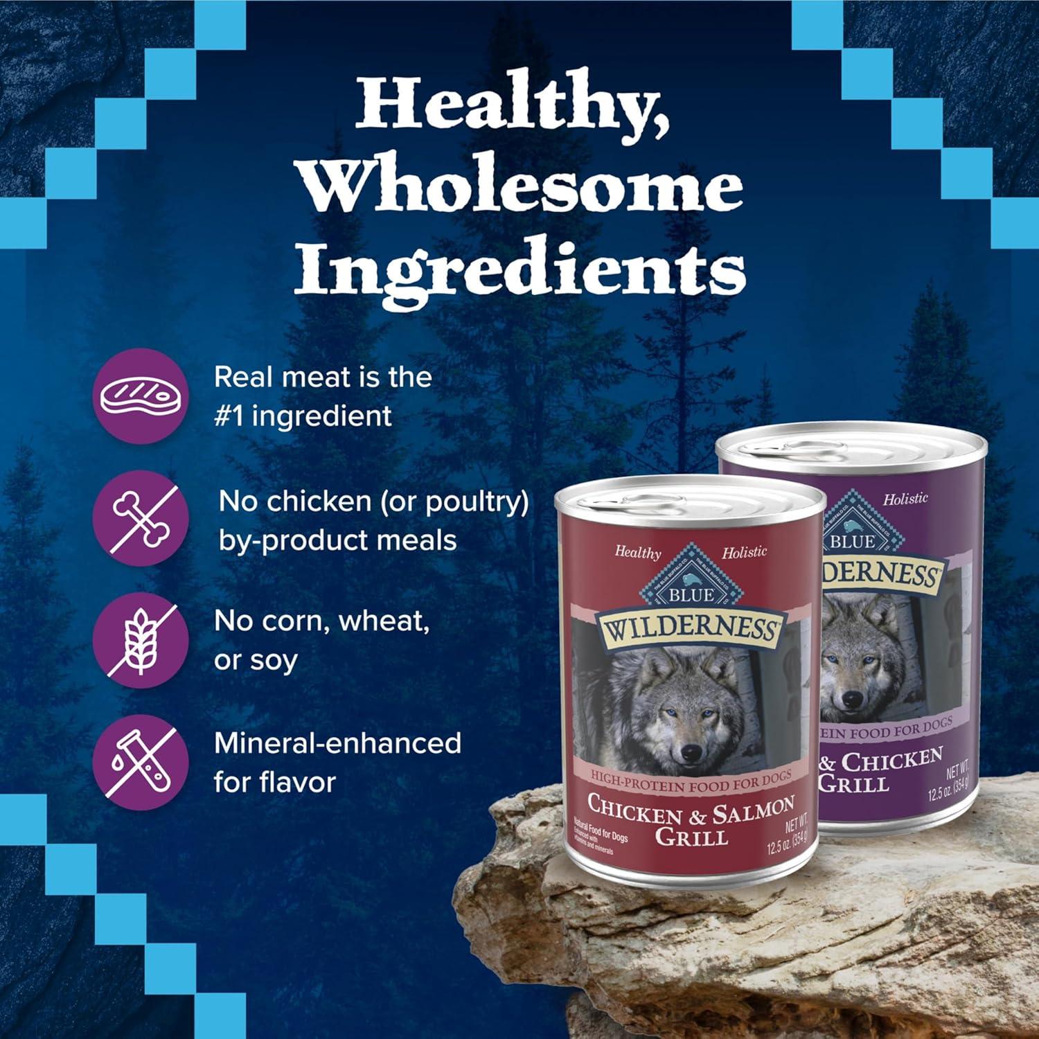 imageBlue Buffalo Wilderness High Protein Beef and Chicken amp Salmon and Chicken Wet Dog Food Variety Pack for Adult Dogs GrainFree 125 oz Cans 6 Pack125 Ounce Pack of 12