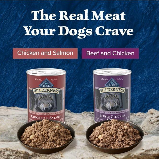 imageBlue Buffalo Wilderness High Protein Beef and Chicken amp Salmon and Chicken Wet Dog Food Variety Pack for Adult Dogs GrainFree 125 oz Cans 6 Pack125 Ounce Pack of 12