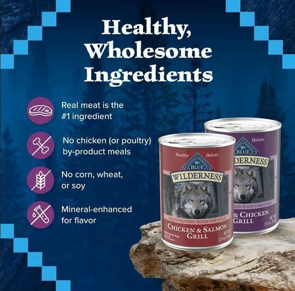imageBlue Buffalo Wilderness High Protein Beef and Chicken amp Salmon and Chicken Wet Dog Food Variety Pack for Adult Dogs GrainFree 125 oz Cans 6 Pack125 Ounce Pack of 12