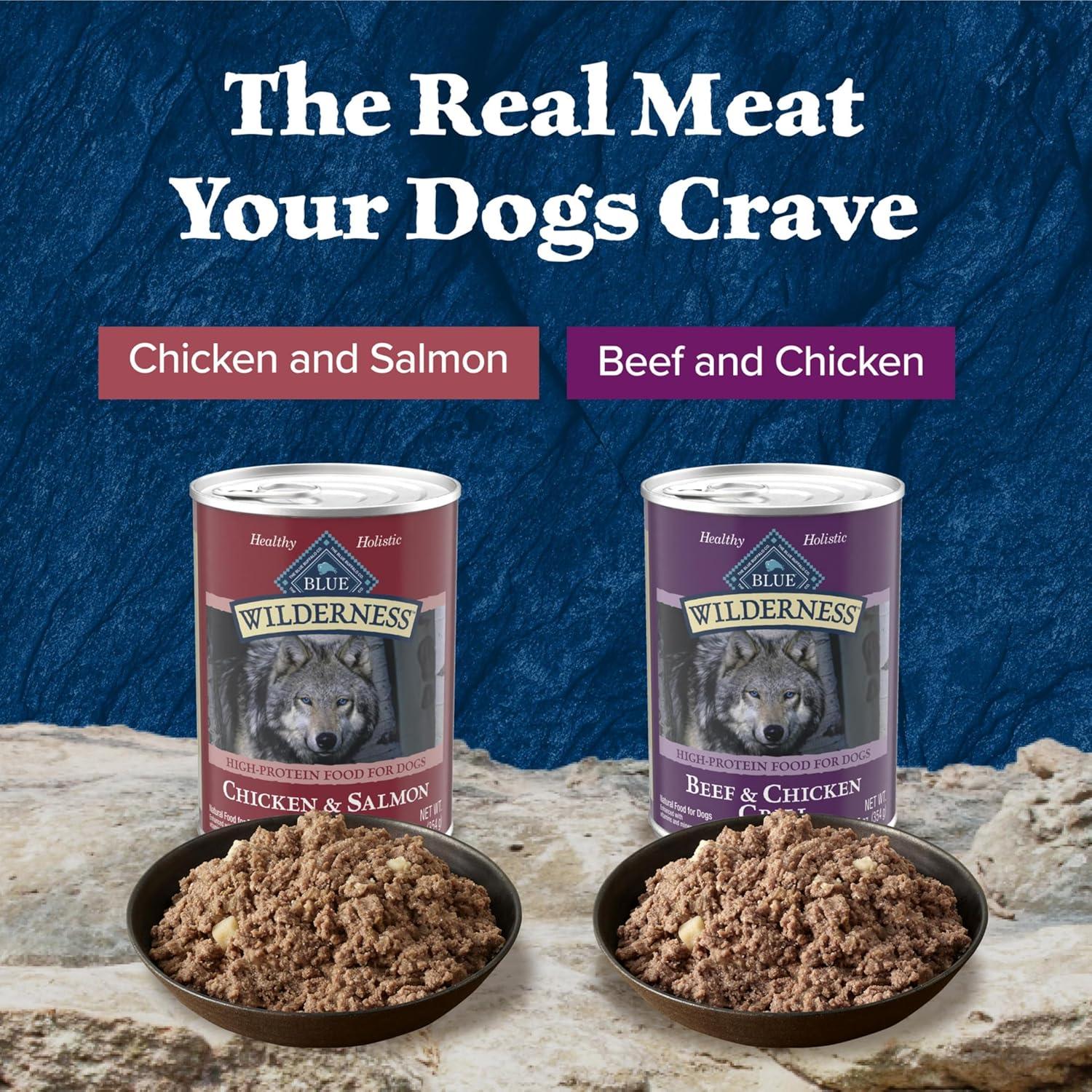imageBlue Buffalo Wilderness High Protein Beef and Chicken amp Salmon and Chicken Wet Dog Food Variety Pack for Adult Dogs GrainFree 125 oz Cans 6 Pack125 Ounce Pack of 12
