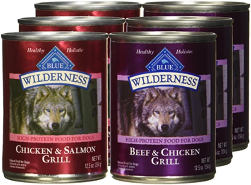 imageBlue Buffalo Wilderness High Protein Beef and Chicken amp Salmon and Chicken Wet Dog Food Variety Pack for Adult Dogs GrainFree 125 oz Cans 6 Pack125 Ounce Pack of 12
