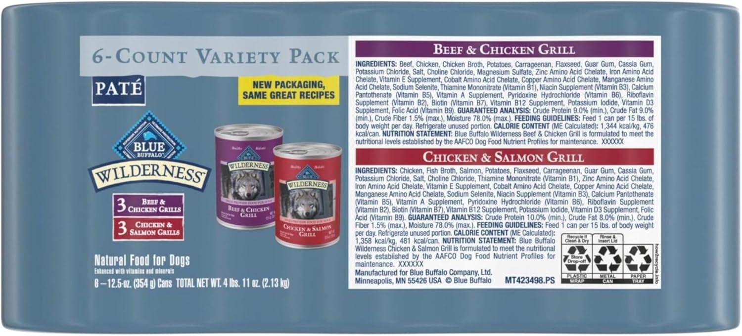 imageBlue Buffalo Wilderness High Protein Beef and Chicken amp Salmon and Chicken Wet Dog Food Variety Pack for Adult Dogs GrainFree 125 oz Cans 6 Pack125 Ounce Pack of 6