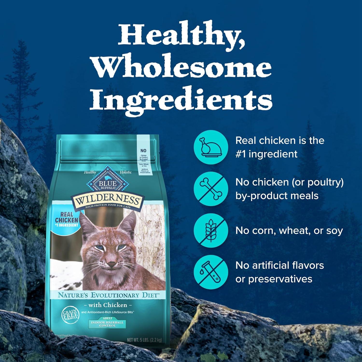 imageBlue Buffalo Wilderness HighProtein GrainFree Natural Dry Food for Adult Cats Indoor Hairball Control Chicken 11lb BagChicken