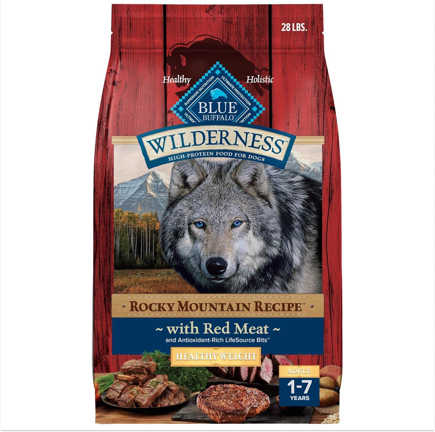 imageBlue Buffalo Wilderness HighProtein Rocky Mountain Recipe Healthy Weight Dry Food for Adult Dogs Red Meat 28lb BagRed Meat with Grain