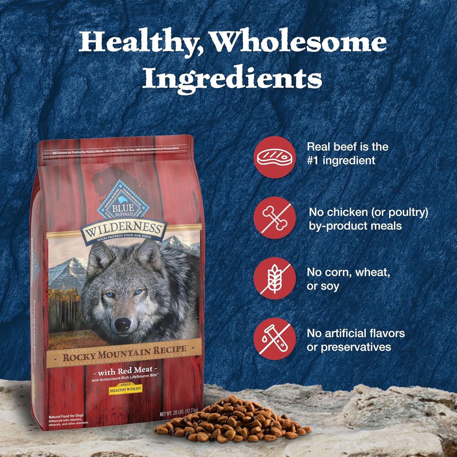 imageBlue Buffalo Wilderness HighProtein Rocky Mountain Recipe Healthy Weight Dry Food for Adult Dogs Red Meat 28lb BagRed Meat with Grain