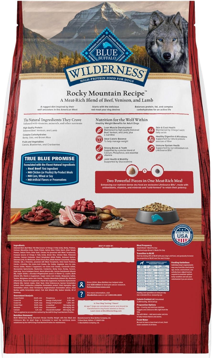 imageBlue Buffalo Wilderness HighProtein Rocky Mountain Recipe Healthy Weight Dry Food for Adult Dogs Red Meat 28lb BagRed Meat with Grain