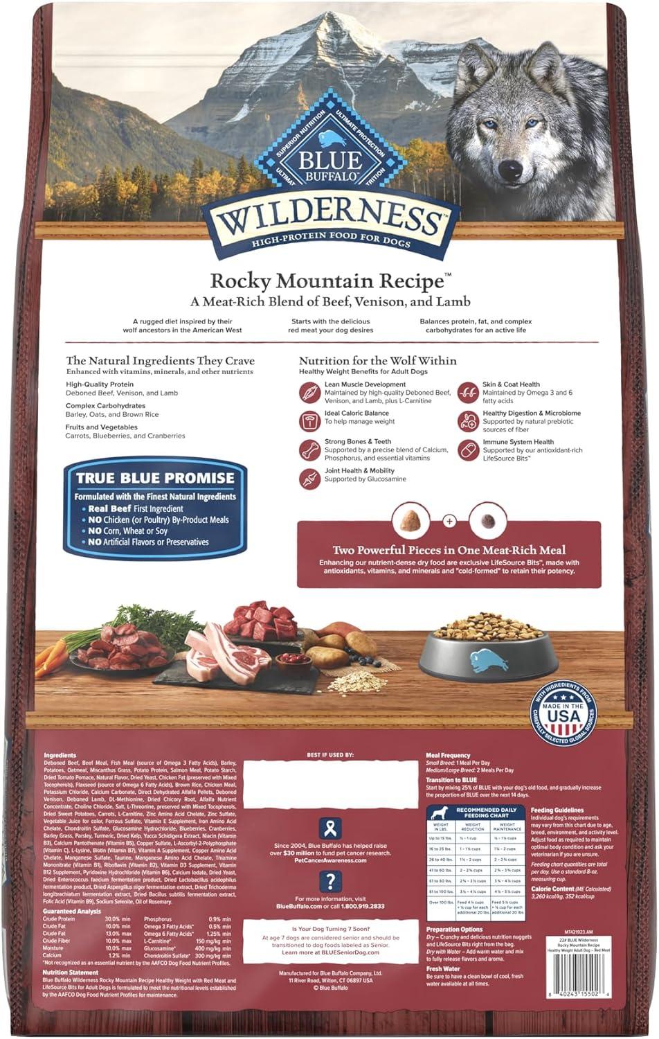imageBlue Buffalo Wilderness HighProtein Rocky Mountain Recipe Healthy Weight Dry Food for Adult Dogs Red Meat 28lb BagRed Meat with Grain
