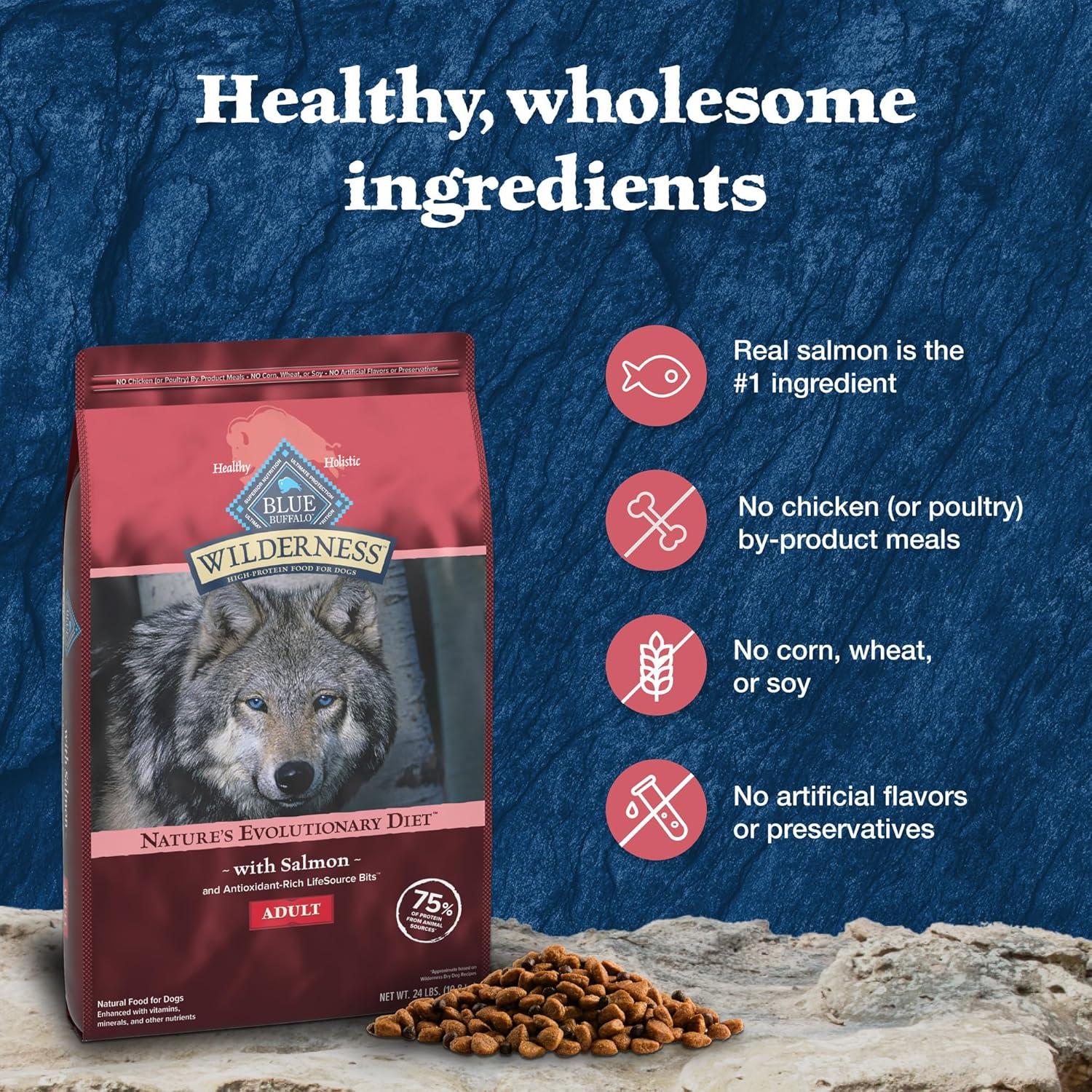 imageBlue Buffalo Wilderness Natural HighProtein Dry Food for Adult Dogs with Wholesome Grains Salmon 24lb Bag