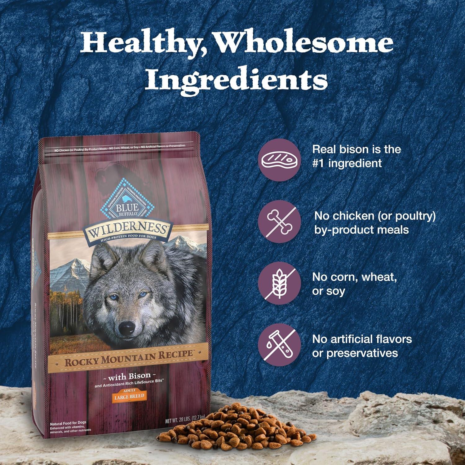 imageBlue Buffalo Wilderness Natural HighProtein Dry Food for Adult Dogs with Wholesome Grains Salmon 28lb BagBison