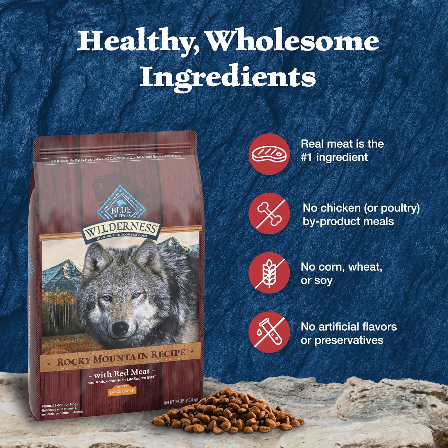 imageBlue Buffalo Wilderness Natural HighProtein Dry Food for Adult Dogs with Wholesome Grains Salmon 28lb BagRed Meat