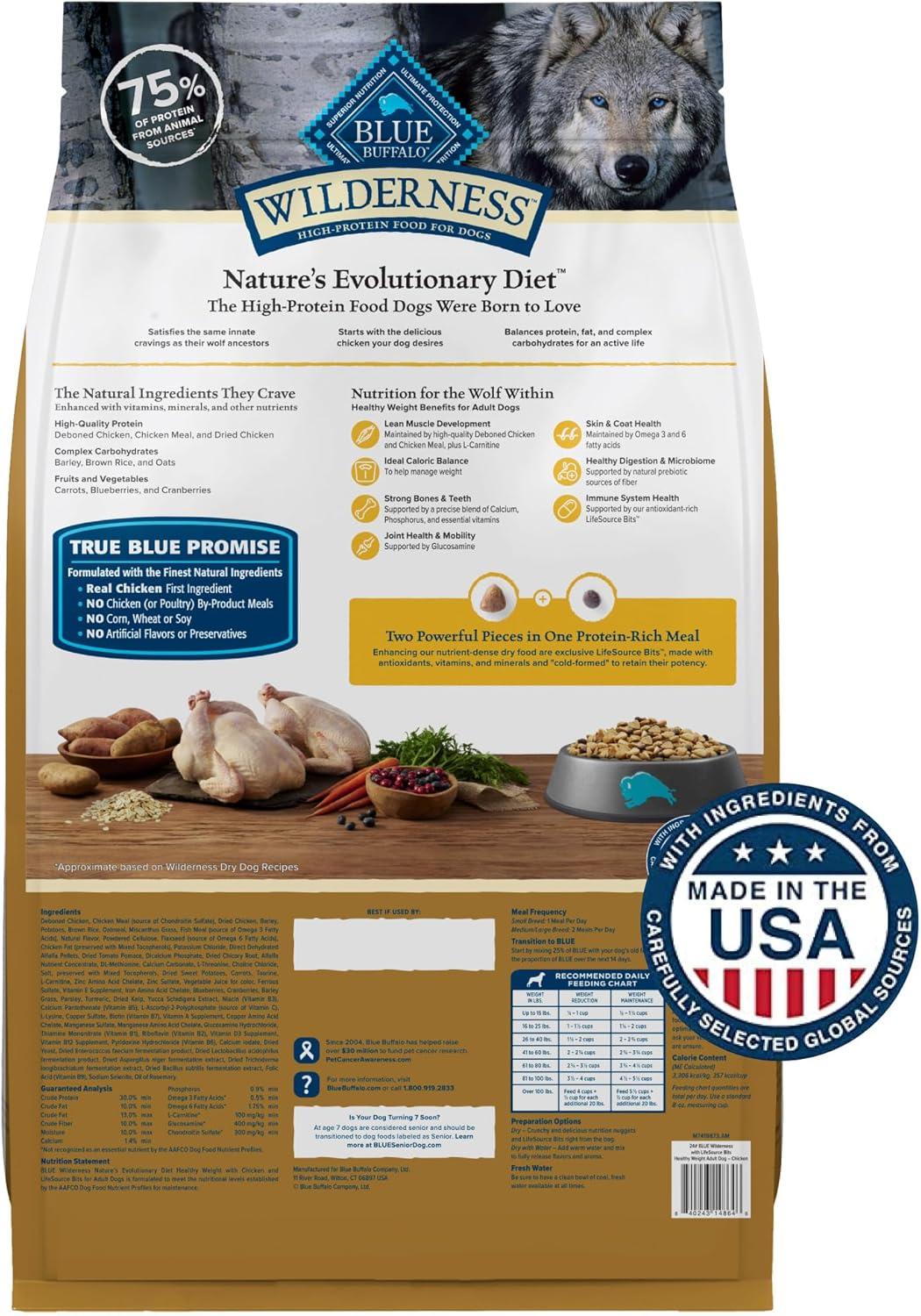 imageBlue Buffalo Wilderness Natural HighProtein Healthy Weight Dry Food for Adult Dogs Chicken Recipe 28lb BagChicken plus Wholesome Grains