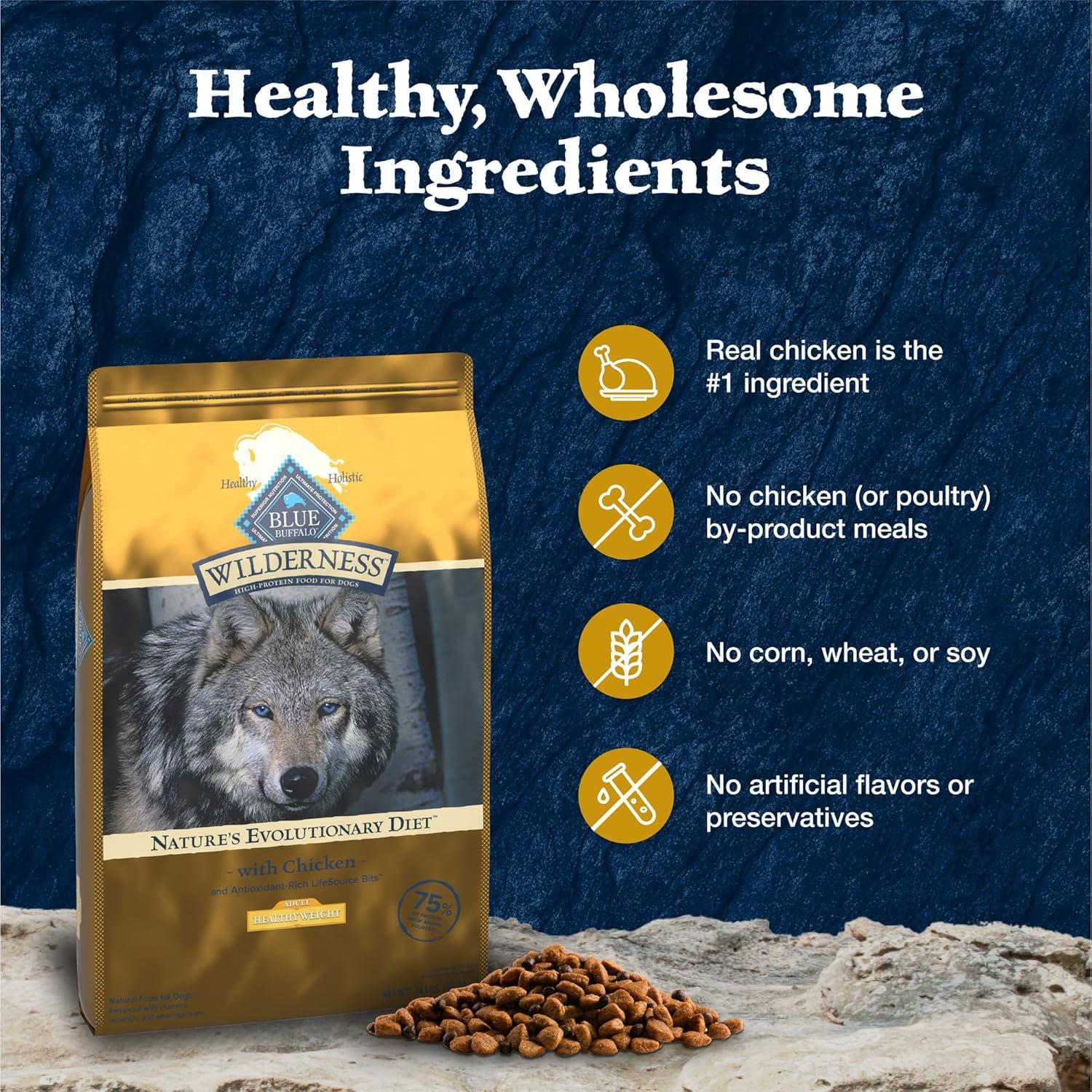 imageBlue Buffalo Wilderness Natural HighProtein Healthy Weight Dry Food for Adult Dogs Chicken Recipe 28lb BagChicken plus Wholesome Grains