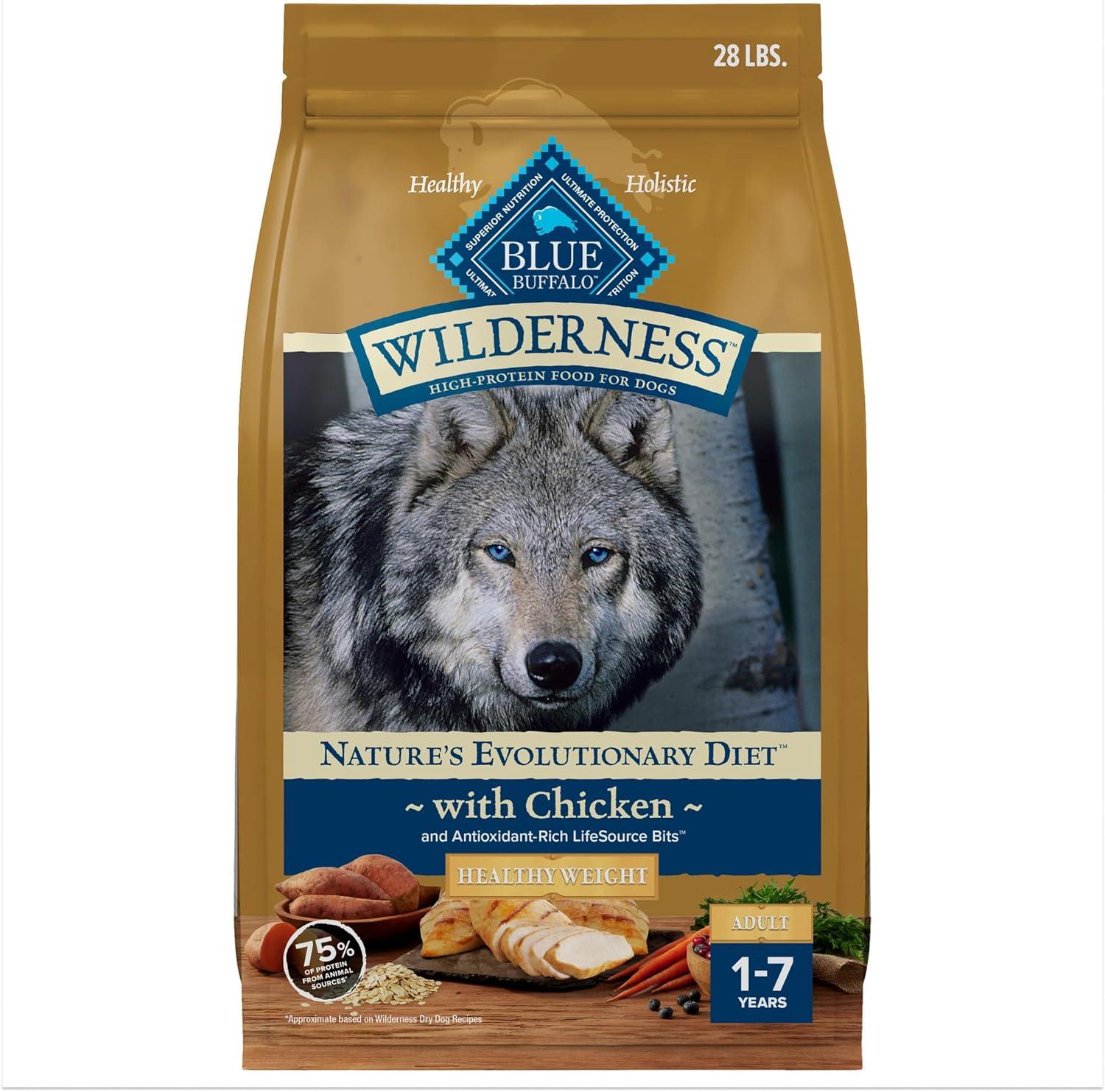 imageBlue Buffalo Wilderness Natural HighProtein Healthy Weight Dry Food for Adult Dogs Chicken Recipe 28lb BagChicken plus Wholesome Grains