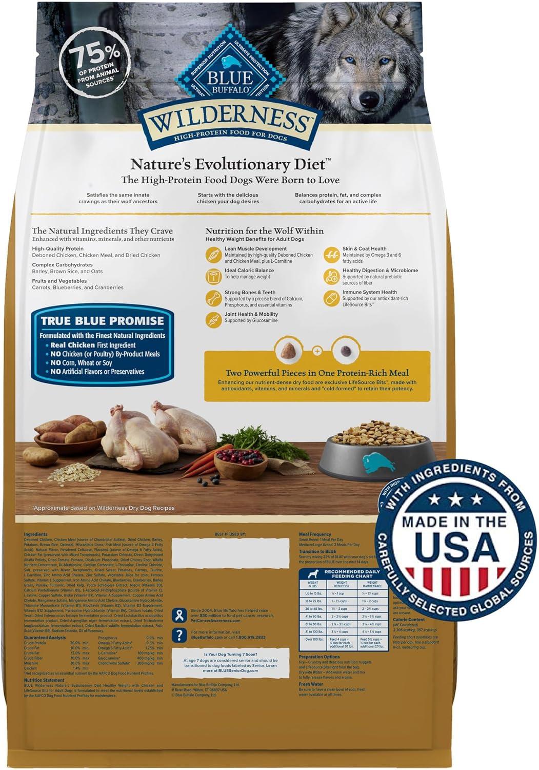 imageBlue Buffalo Wilderness Natural HighProtein Healthy Weight Dry Food for Adult Dogs Chicken Recipe 28lb BagChicken plus Wholesome Grains