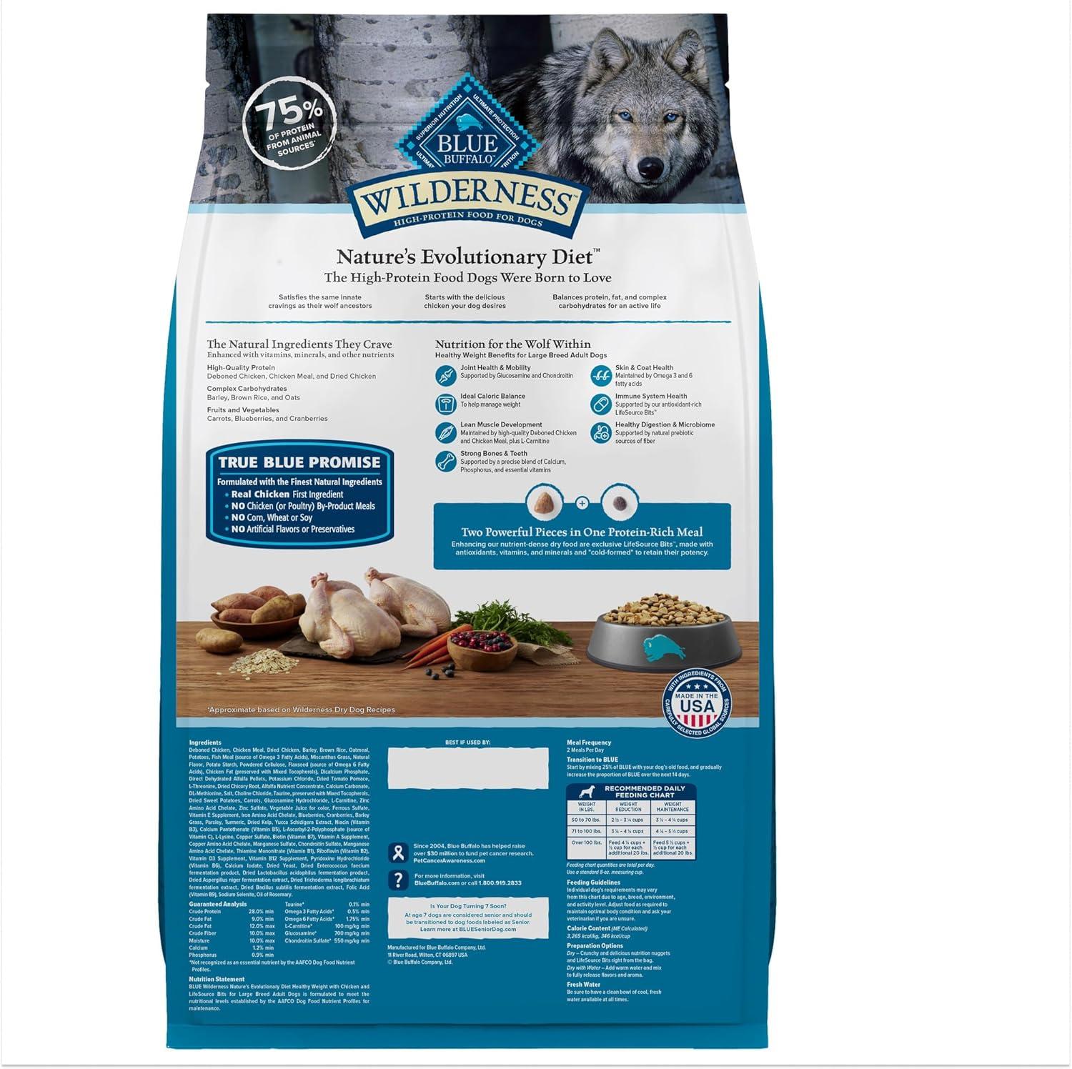 imageBlue Buffalo Wilderness Natural HighProtein Healthy Weight Dry Food for Large Breed Adult Dogs Chicken Recipe 28lb Bag