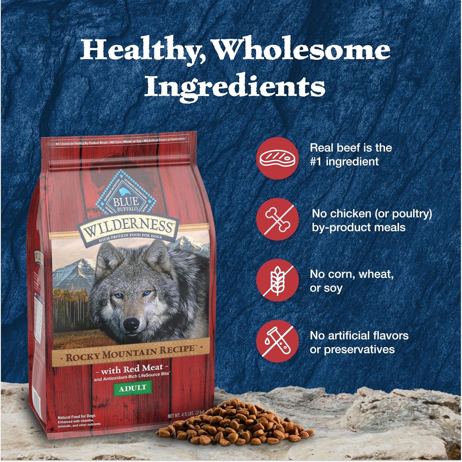 imageBlue Buffalo Wilderness Rocky Mountain Recipe HighProtein Adult Dry Dog Food Made in the USA with Natural Ingredients Plus Wholesome Grains Red Meat 28lb BagRed Meat with Grain