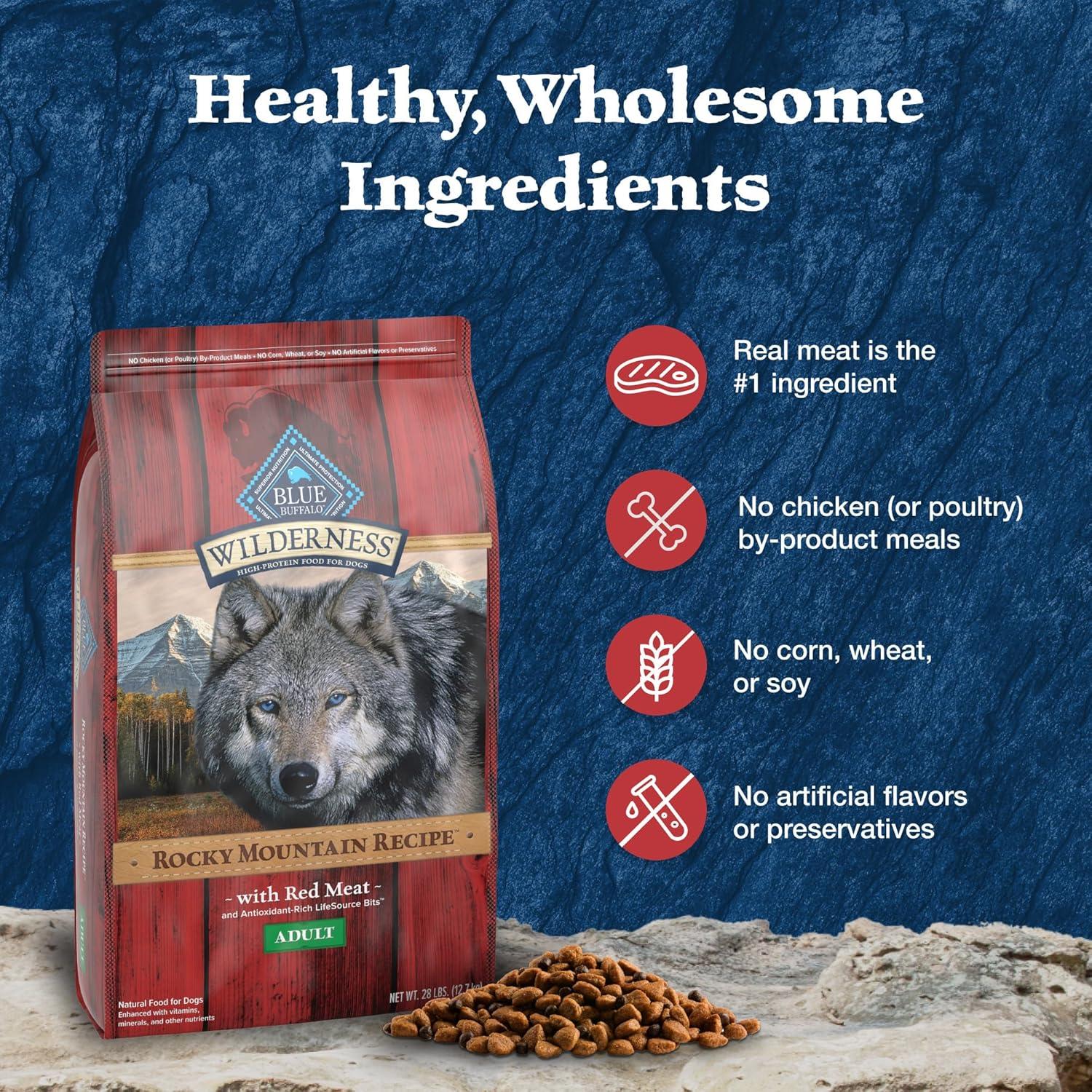 imageBlue Buffalo Wilderness Rocky Mountain Recipe HighProtein Adult Dry Dog Food Made in the USA with Natural Ingredients Plus Wholesome Grains Red Meat 28lb BagRed Meat with Grain