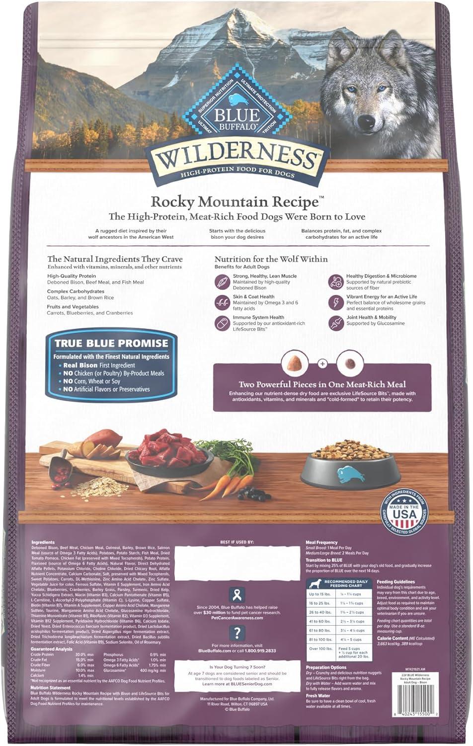 imageBlue Buffalo Wilderness Rocky Mountain Recipe HighProtein Adult Dry Dog Food Made in the USA with Natural Ingredients Plus Wholesome Grains Red Meat 28lb BagBison with Grain