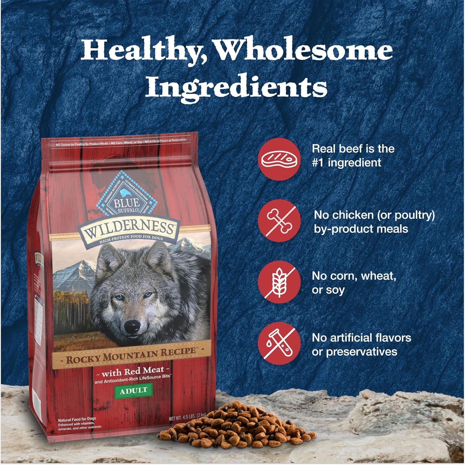imageBlue Buffalo Wilderness Rocky Mountain Recipe HighProtein Adult Dry Dog Food Made in the USA with Natural Ingredients Plus Wholesome Grains Red Meat 28lb BagRed Meat with Grain