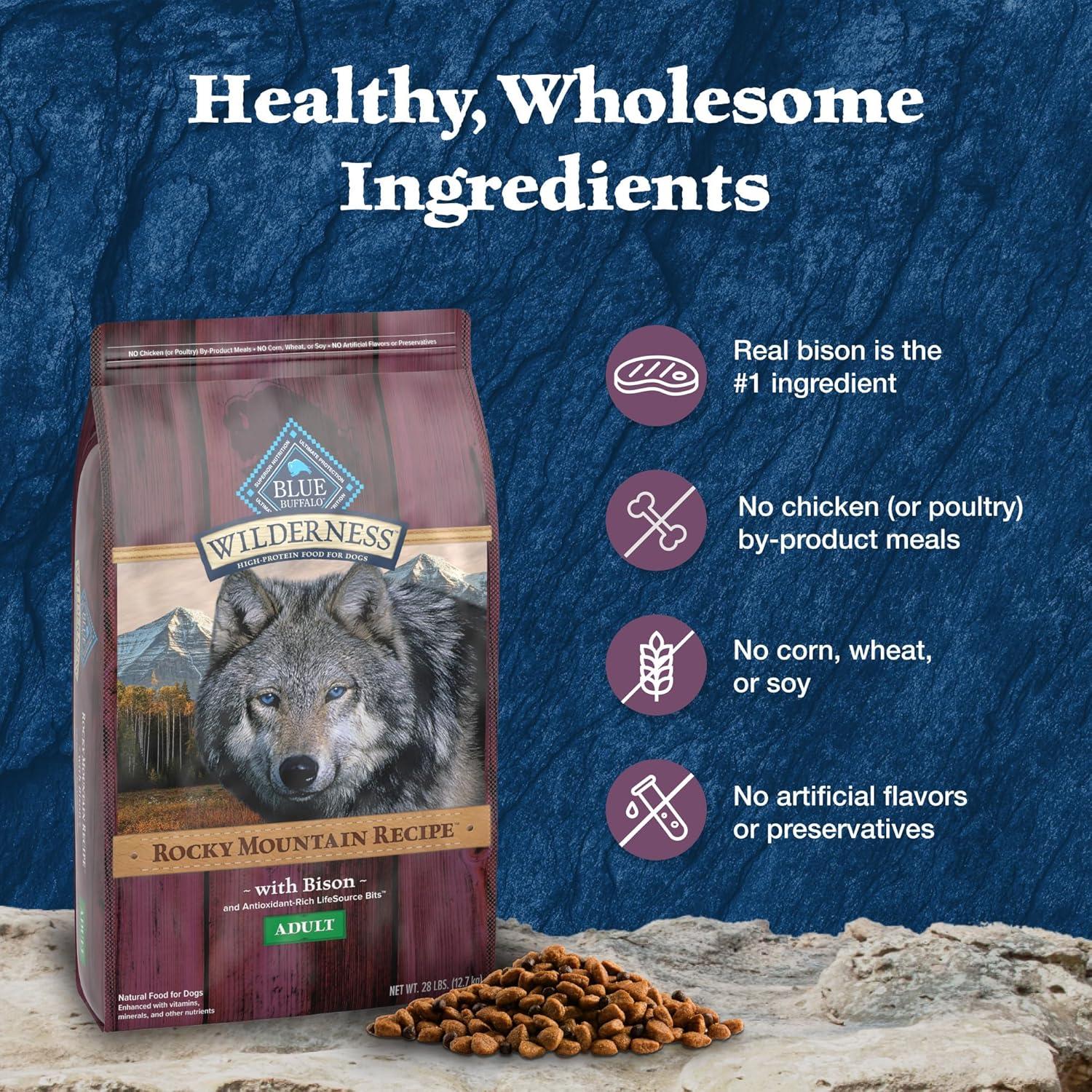 imageBlue Buffalo Wilderness Rocky Mountain Recipe HighProtein Adult Dry Dog Food Made in the USA with Natural Ingredients Plus Wholesome Grains Red Meat 28lb BagBison with Grain