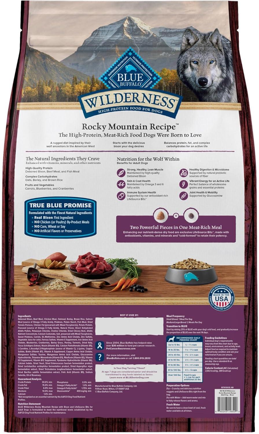 imageBlue Buffalo Wilderness Rocky Mountain Recipe HighProtein Adult Dry Dog Food Made in the USA with Natural Ingredients Plus Wholesome Grains Red Meat 28lb BagBison with Grain