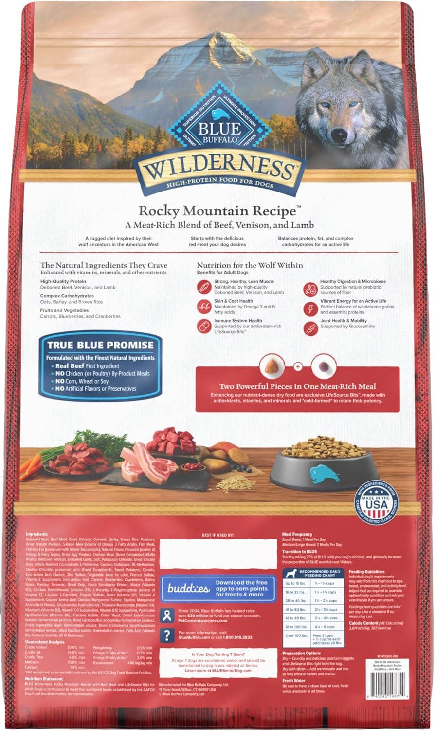 imageBlue Buffalo Wilderness Rocky Mountain Recipe HighProtein Adult Dry Dog Food Made in the USA with Natural Ingredients Plus Wholesome Grains Red Meat 28lb BagRed Meat with Grain