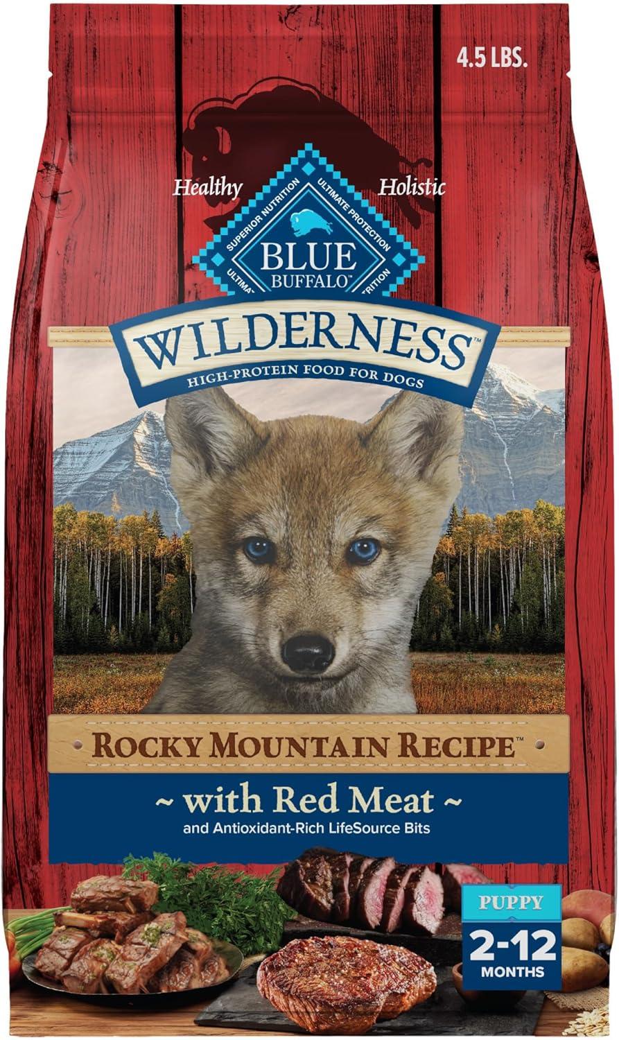 imageBlue Buffalo Wilderness Rocky Mountain Recipe HighProtein Dry Puppy Food with DHA Made in the USA with Natural Ingredients Plus Wholesome Grains Red Meat 45lb BagRed Meat with Grain