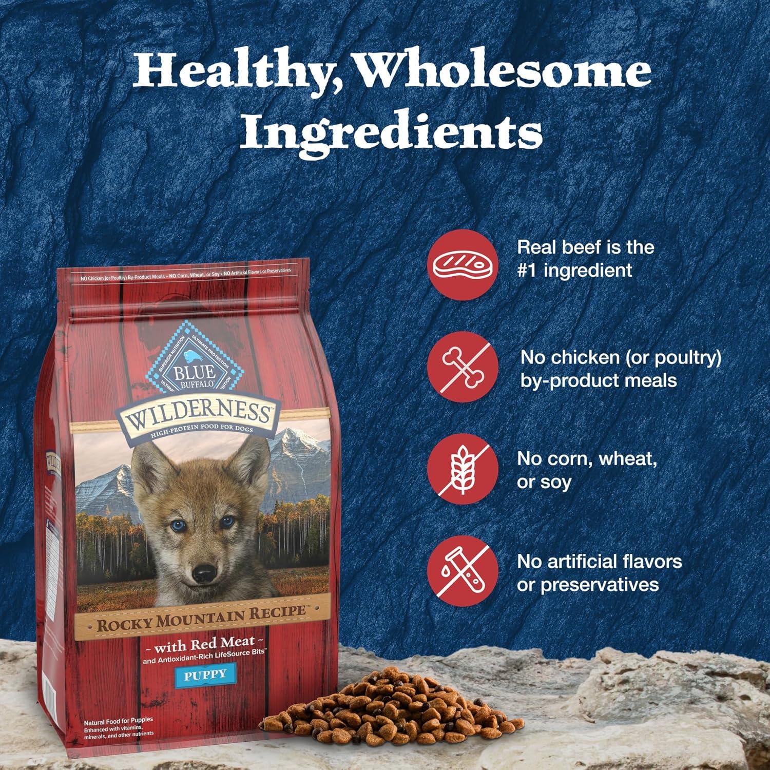 imageBlue Buffalo Wilderness Rocky Mountain Recipe HighProtein Dry Puppy Food with DHA Made in the USA with Natural Ingredients Plus Wholesome Grains Red Meat 45lb BagRed Meat with Grain