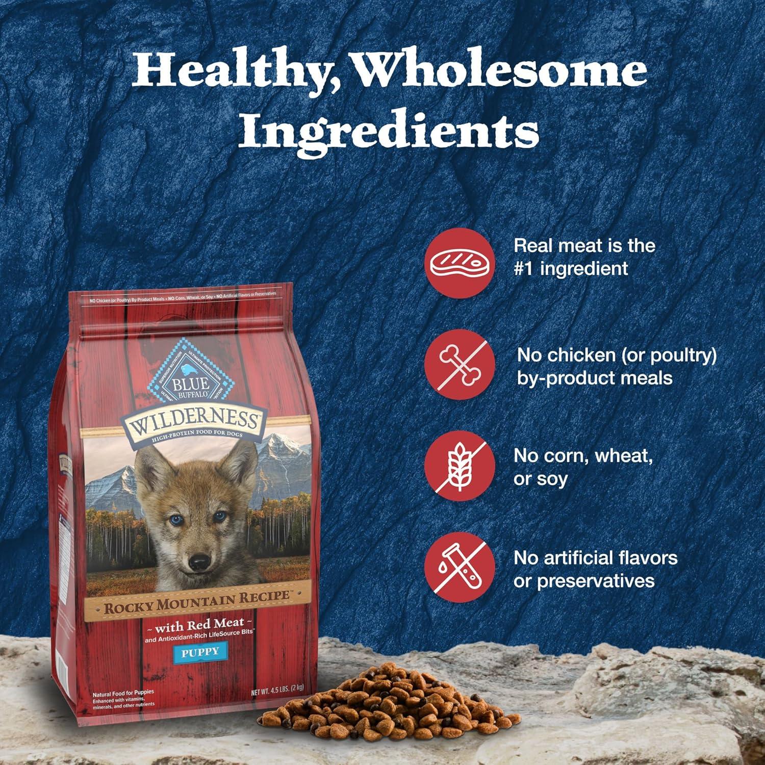 imageBlue Buffalo Wilderness Rocky Mountain Recipe HighProtein Dry Puppy Food with DHA Made in the USA with Natural Ingredients Plus Wholesome Grains Red Meat 45lb BagRed Meat with Grain
