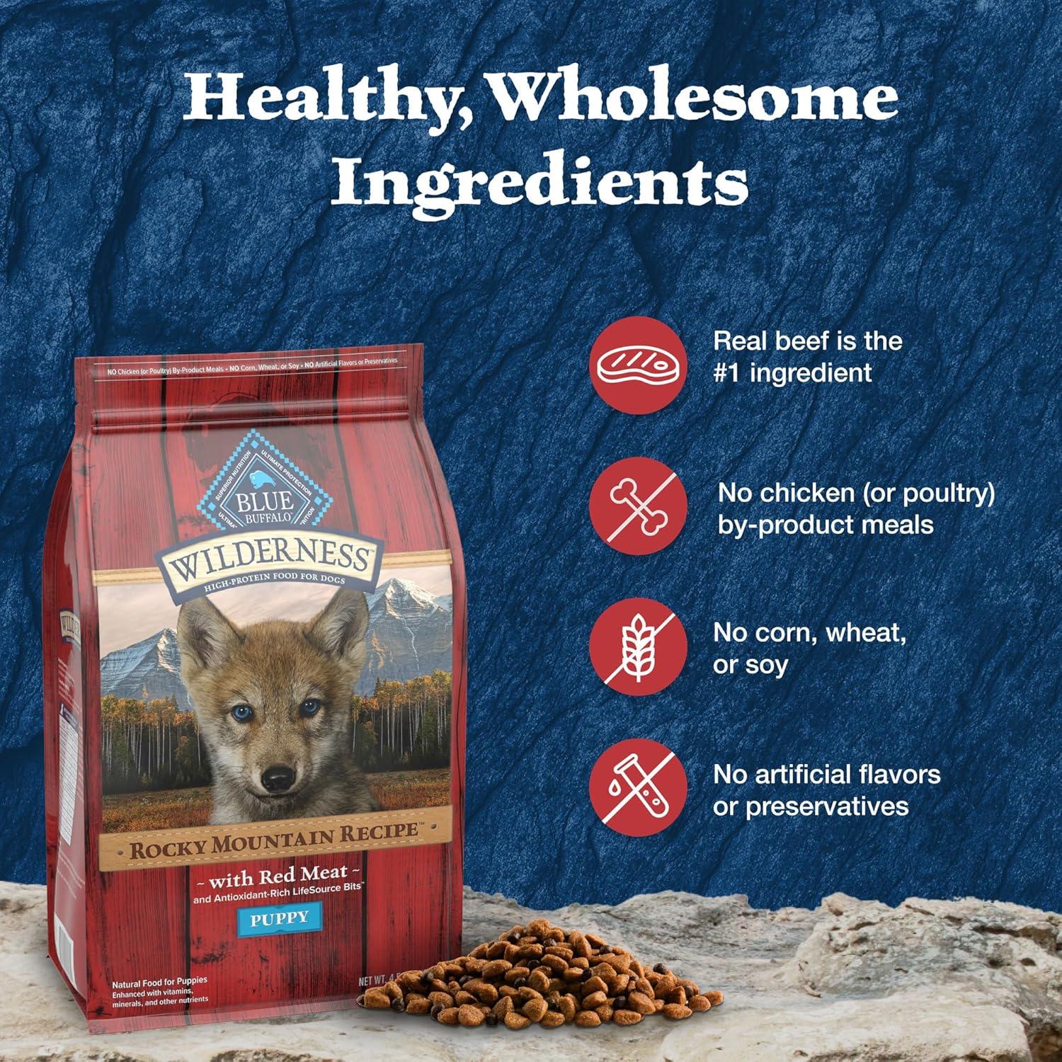 imageBlue Buffalo Wilderness Rocky Mountain Recipe HighProtein Dry Puppy Food with DHA Made in the USA with Natural Ingredients Plus Wholesome Grains Red Meat 45lb BagRed Meat with Grain