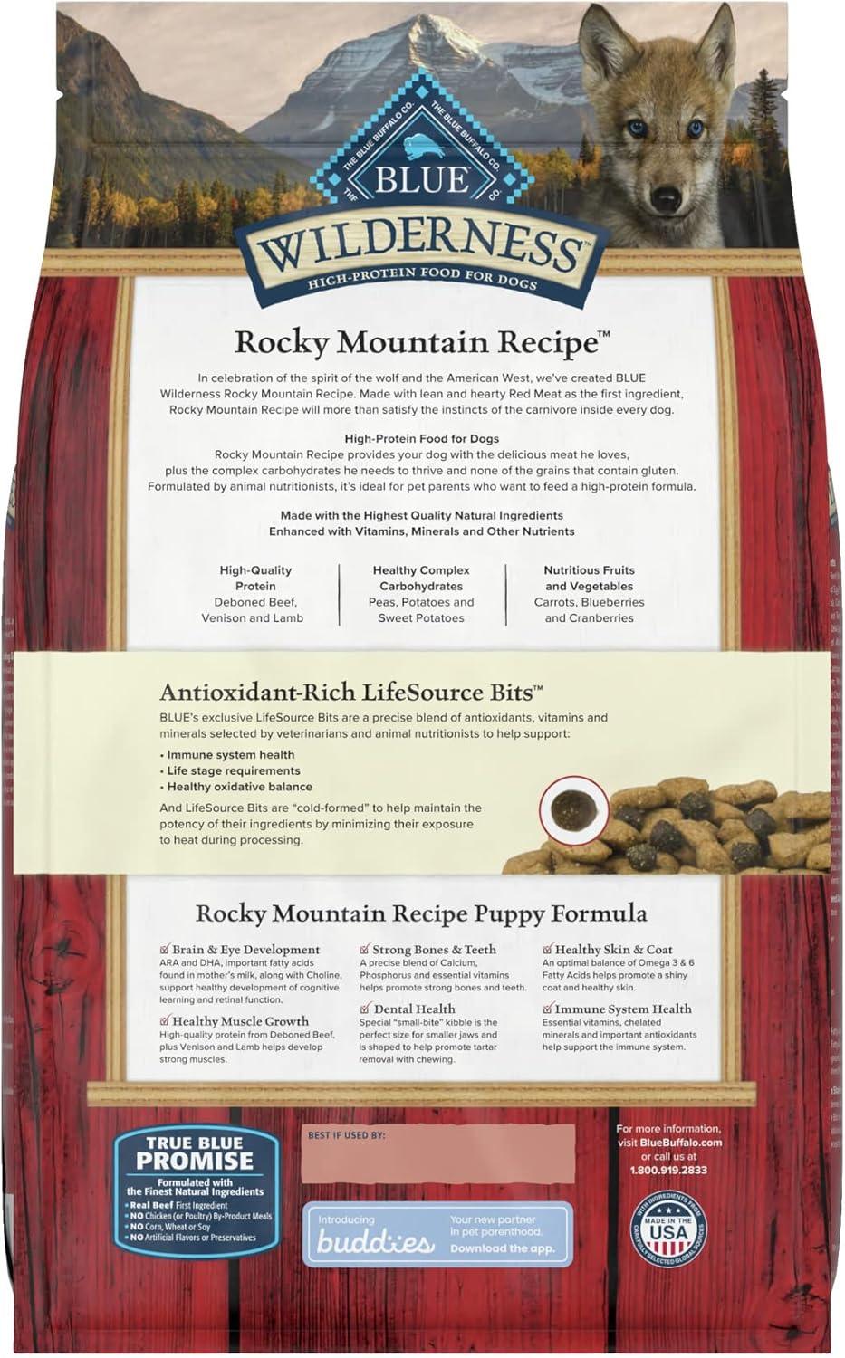 imageBlue Buffalo Wilderness Rocky Mountain Recipe HighProtein Dry Puppy Food with DHA Made in the USA with Natural Ingredients Plus Wholesome Grains Red Meat 45lb BagRed Meat ChickenFree