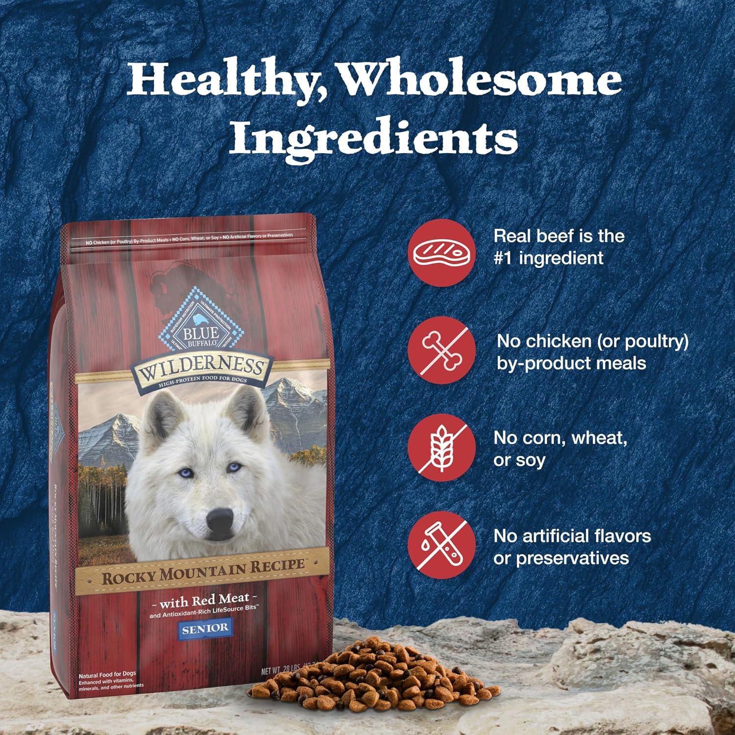 imageBlue Buffalo Wilderness Rocky Mountain Recipe HighProtein Senior Dry Dog Food Made in The USA with Natural Ingredients Plus Wholesome Grains Red Meat 22lb BagRed Meat with Grain