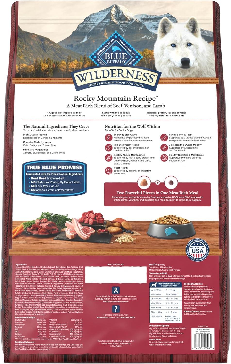 imageBlue Buffalo Wilderness Rocky Mountain Recipe HighProtein Senior Dry Dog Food Made in The USA with Natural Ingredients Plus Wholesome Grains Red Meat 22lb BagRed Meat with Grain