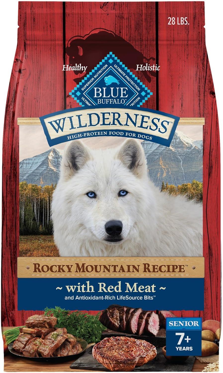 imageBlue Buffalo Wilderness Rocky Mountain Recipe HighProtein Senior Dry Dog Food Made in The USA with Natural Ingredients Plus Wholesome Grains Red Meat 22lb BagRed Meat with Grain