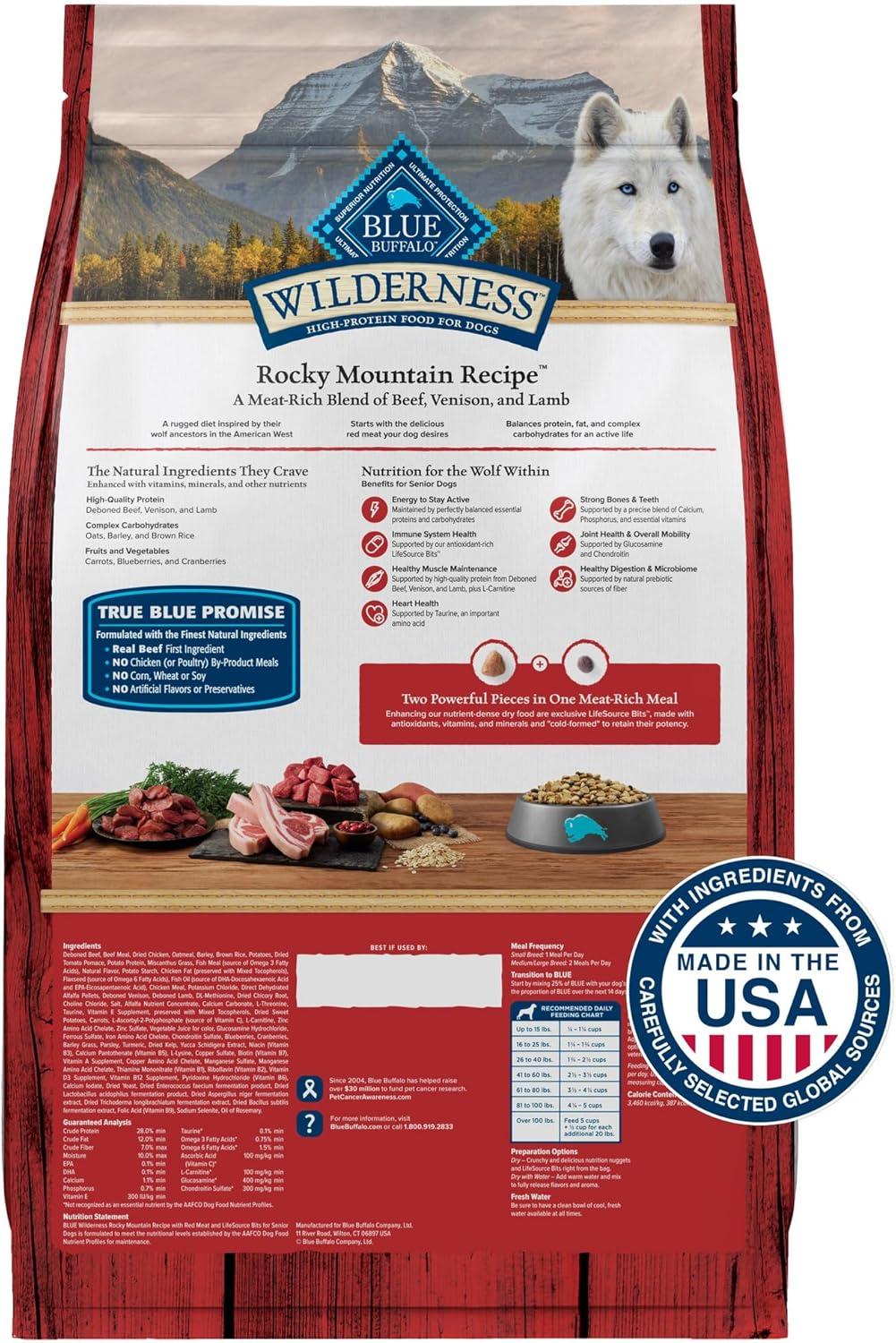 imageBlue Buffalo Wilderness Rocky Mountain Recipe HighProtein Senior Dry Dog Food Made in The USA with Natural Ingredients Plus Wholesome Grains Red Meat 22lb BagRed Meat with Grain