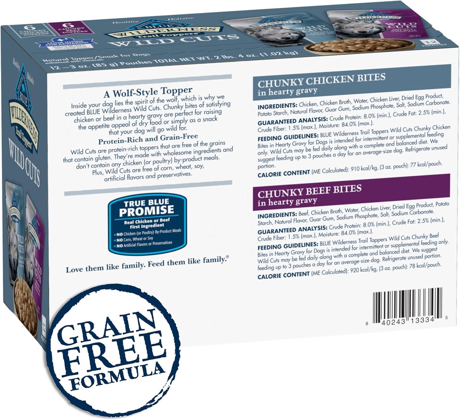 imageBlue Buffalo Wilderness Trail Toppers Wild Cuts Wet Dog Food Variety Pack HighProtein amp GrainFree Made with Natural Ingredients Chicken and Beef Flavors 3oz Pouches 12 Count 6 of EachBeef Chicken