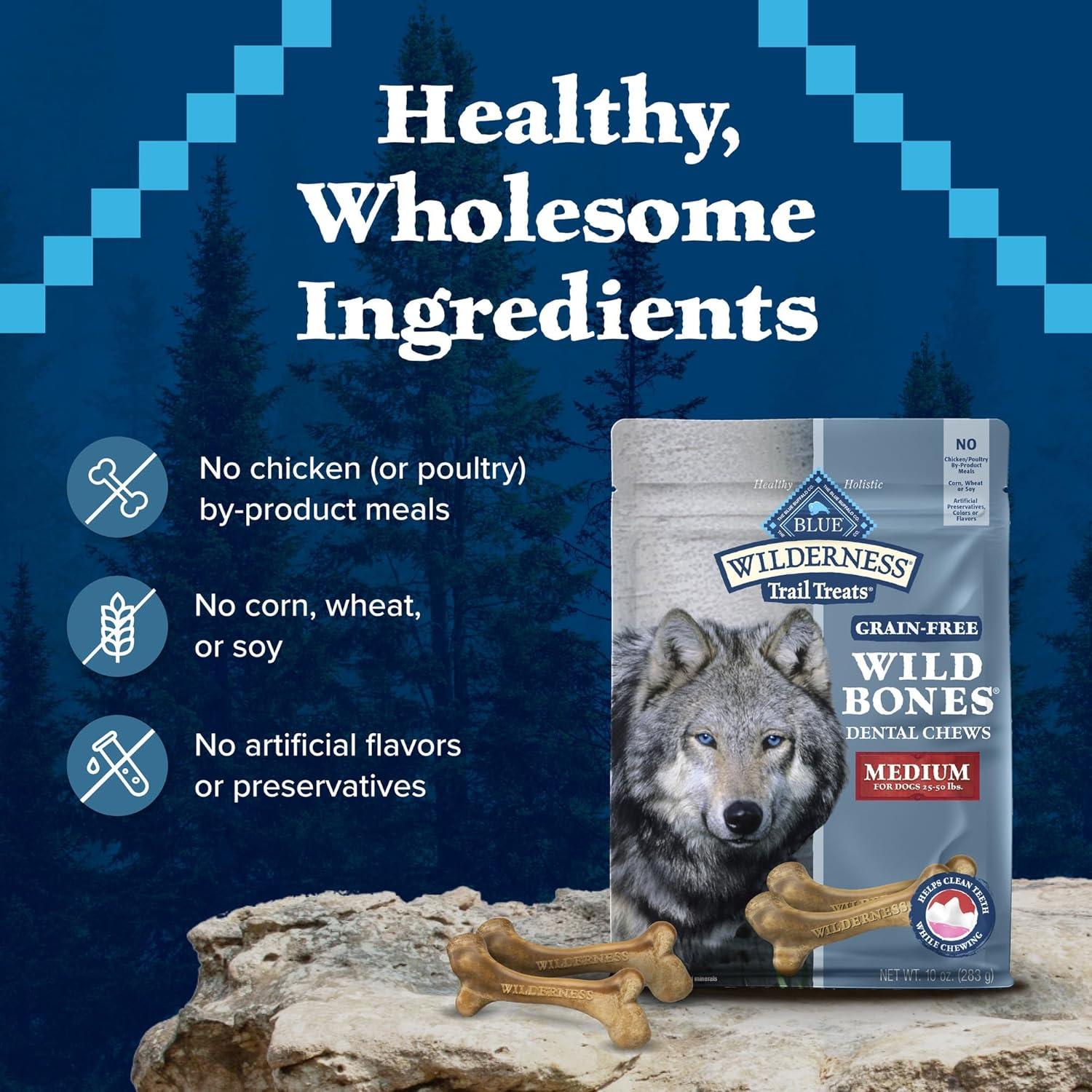 imageBlue Buffalo Wilderness Trail Treats Wild Bones Large Dental Chews GrainFree Dog Bones for Large Dogs Made with Natural Ingredients 10oz BagMedium Bones For Dogs 2550 lbs