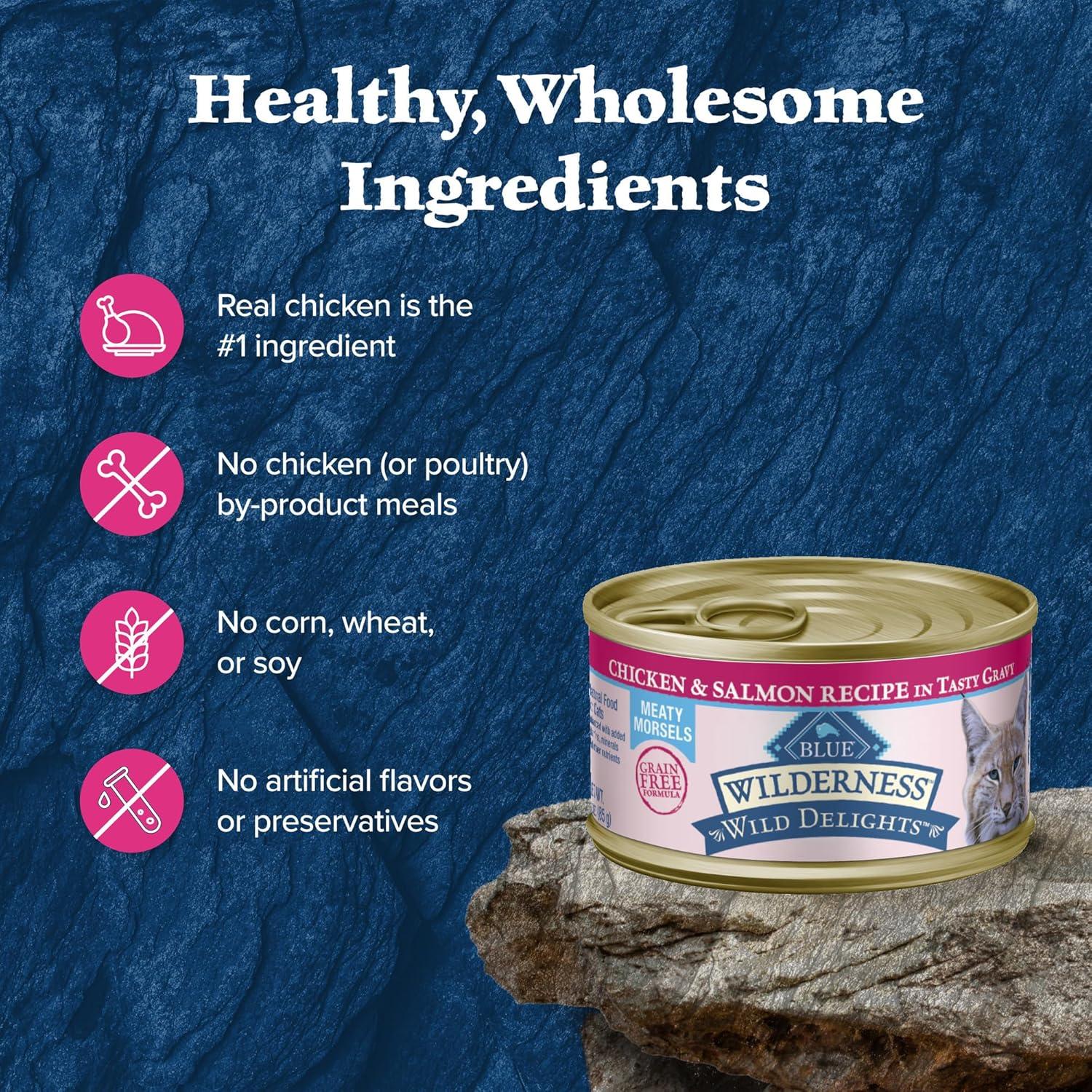 imageBlue Buffalo Wilderness Wild Delights Meaty Morsels Natural Wet Cat Food Chicken amp Salmon in Tasty Gravy 3oz Cans 24PackChicken Salmon