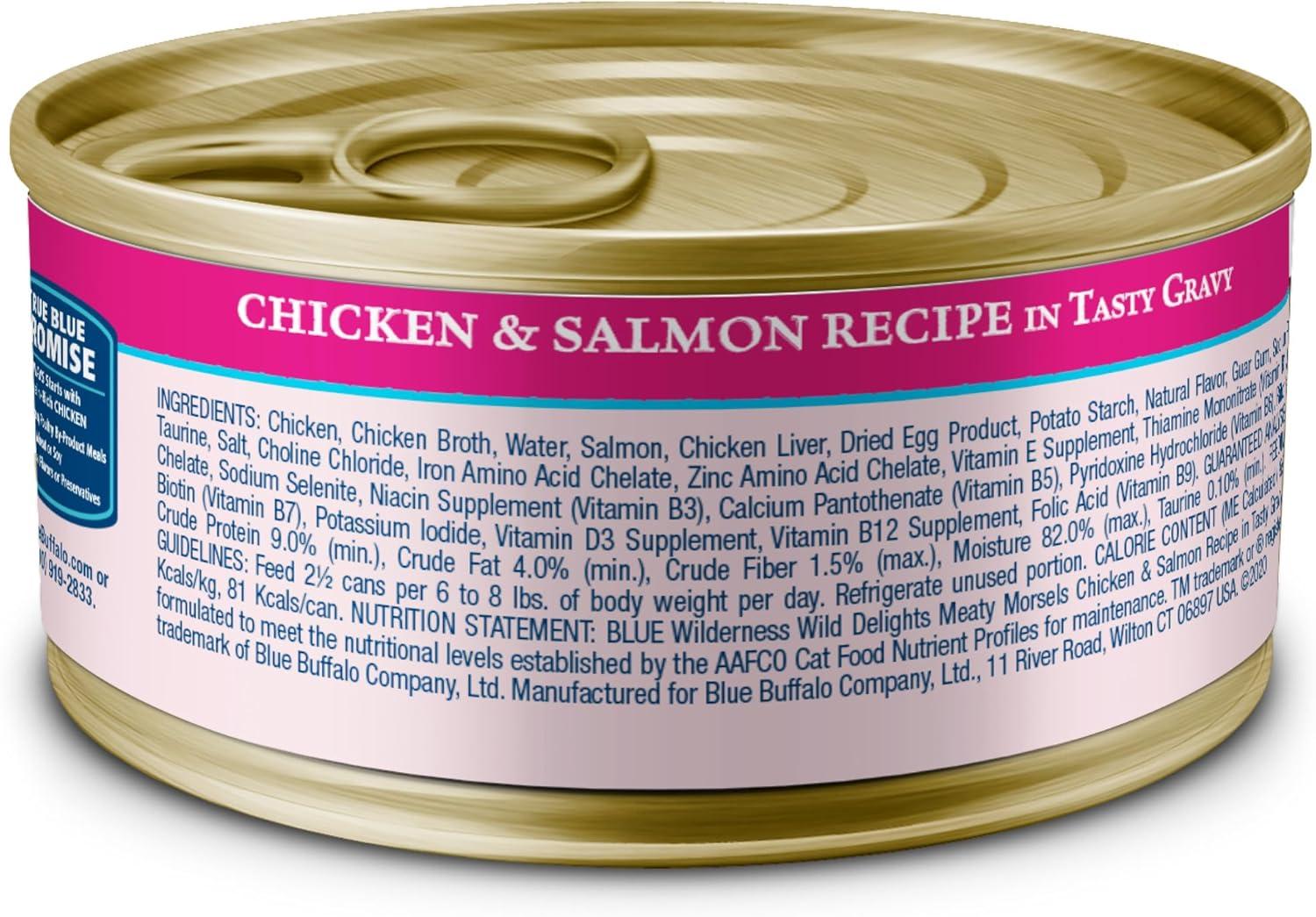 imageBlue Buffalo Wilderness Wild Delights Meaty Morsels Natural Wet Cat Food Chicken amp Salmon in Tasty Gravy 3oz Cans 24PackChicken Salmon