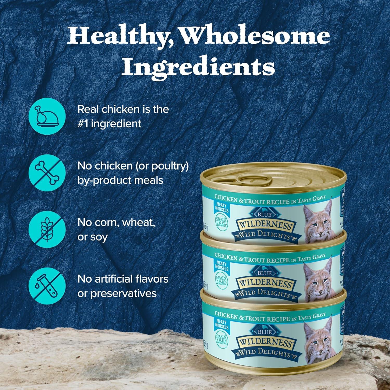 imageBlue Buffalo Wilderness Wild Delights Meaty Morsels Natural Wet Cat Food Chicken amp Salmon in Tasty Gravy 3oz Cans 24PackChicken Trout