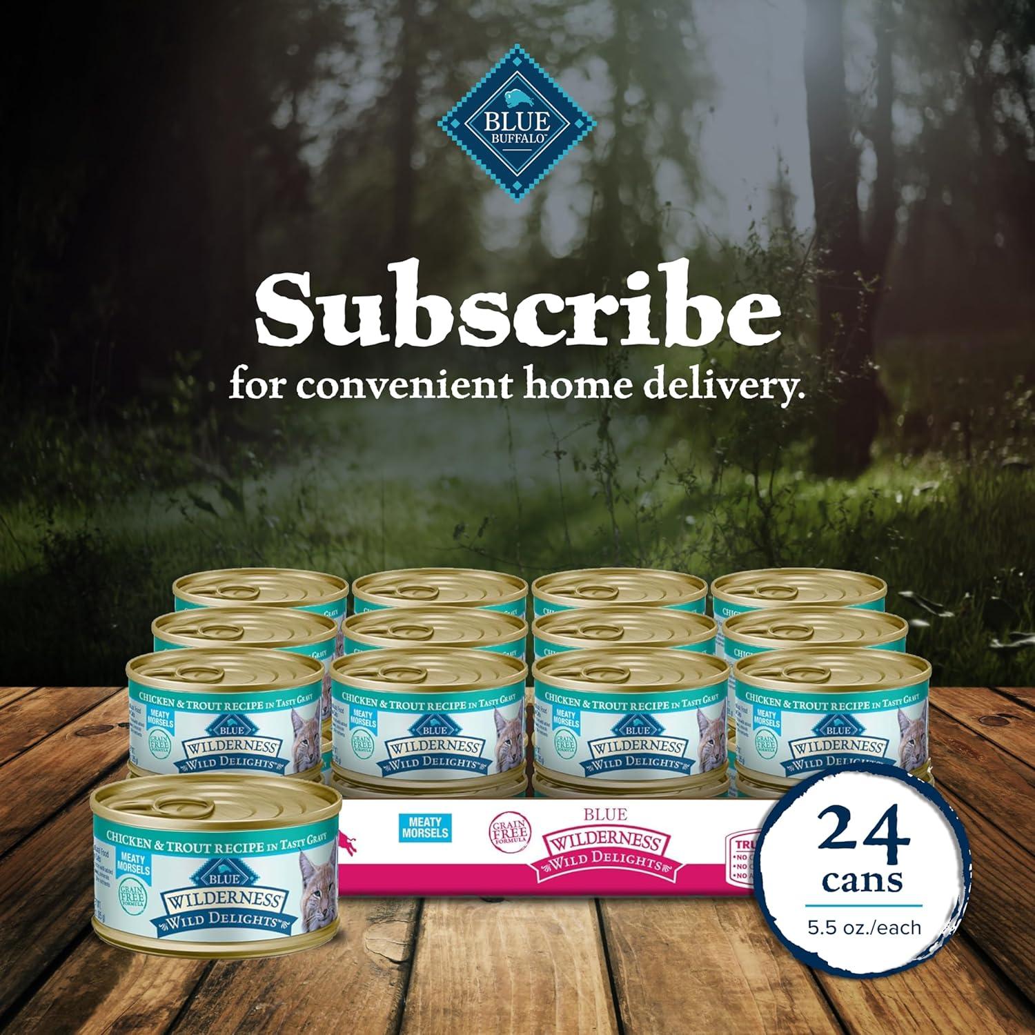 imageBlue Buffalo Wilderness Wild Delights Meaty Morsels Natural Wet Cat Food Chicken amp Salmon in Tasty Gravy 3oz Cans 24PackChicken Trout