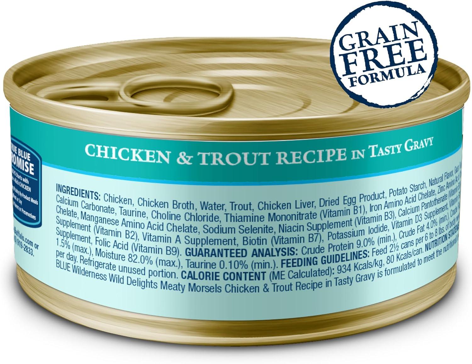 imageBlue Buffalo Wilderness Wild Delights Meaty Morsels Natural Wet Cat Food Chicken amp Salmon in Tasty Gravy 3oz Cans 24PackChicken Trout