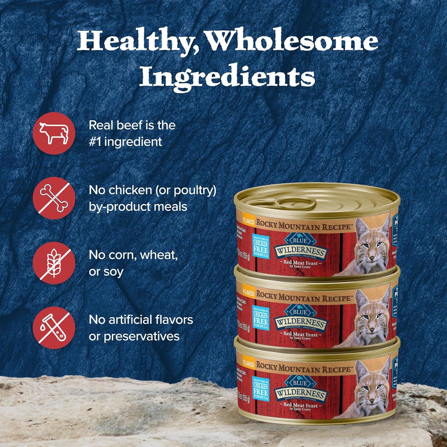 imageBlue Buffalo Wilderness Wild Delights Meaty Morsels Natural Wet Cat Food Chicken amp Salmon in Tasty Gravy 3oz Cans 24PackRed Meat