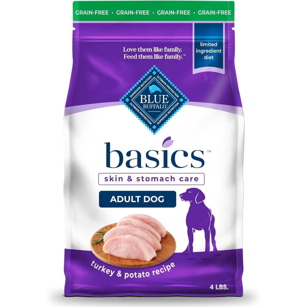 imageBlue Buffalo Basics GrainFree Adult Dry Dog Food Skin amp Stomach Care Limited Ingredient Diet for Dogs Turkey Recipe 4lb BagTurkey Potato