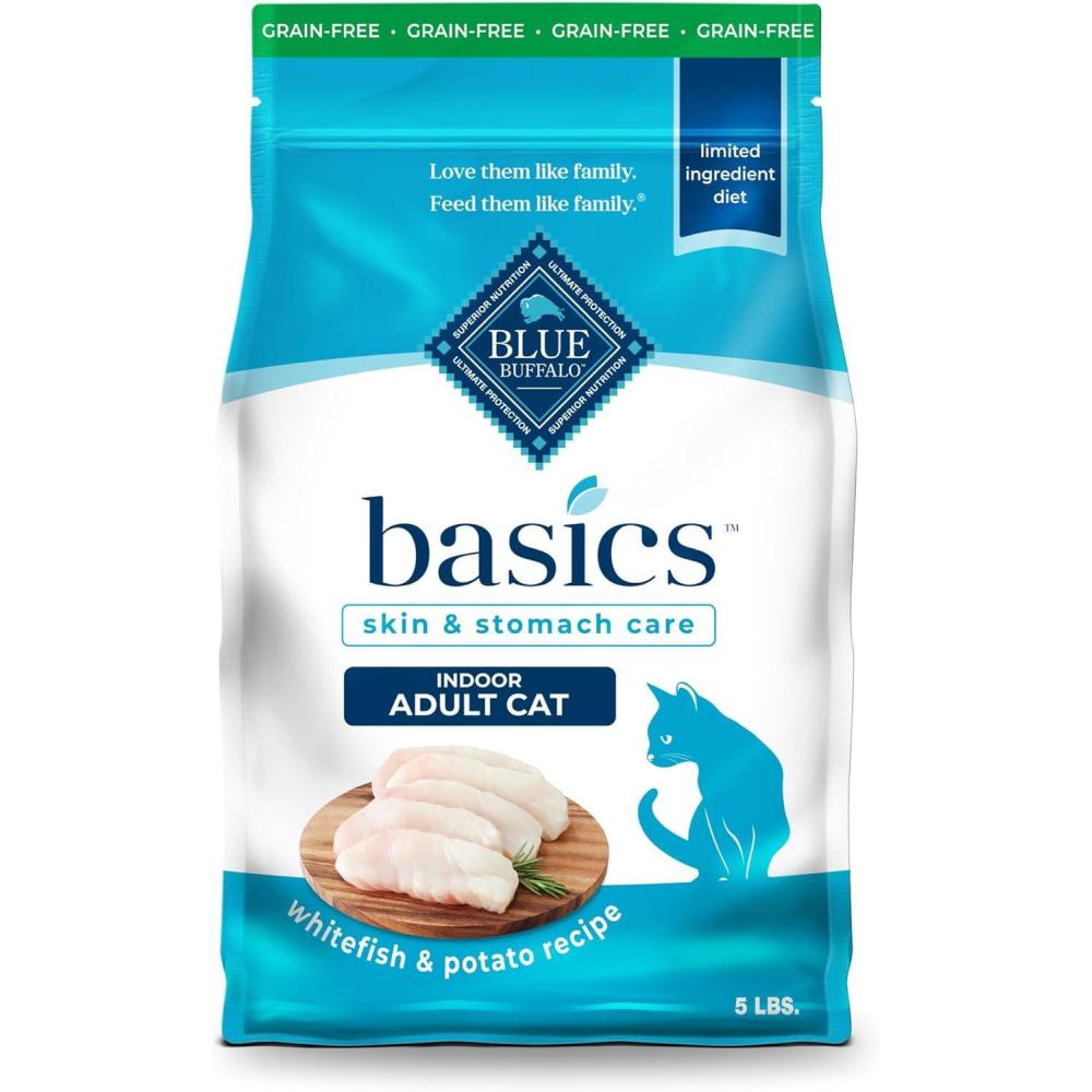 imageBlue Buffalo Basics GrainFree Dry Cat Food Skin amp Stomach Care Limited Ingredient Diet for Indoor Cats Turkey amp Potato Recipe 11lb BagFish Potato