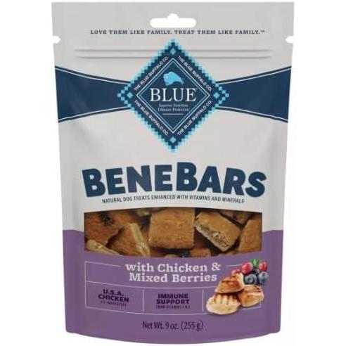 imageBlue Buffalo BeneBars Digestive Support Dog Treats with Prebiotic Fiber Made with Natural Ingredients USA Chicken amp Apple 9oz BagChicken Mixed Berries
