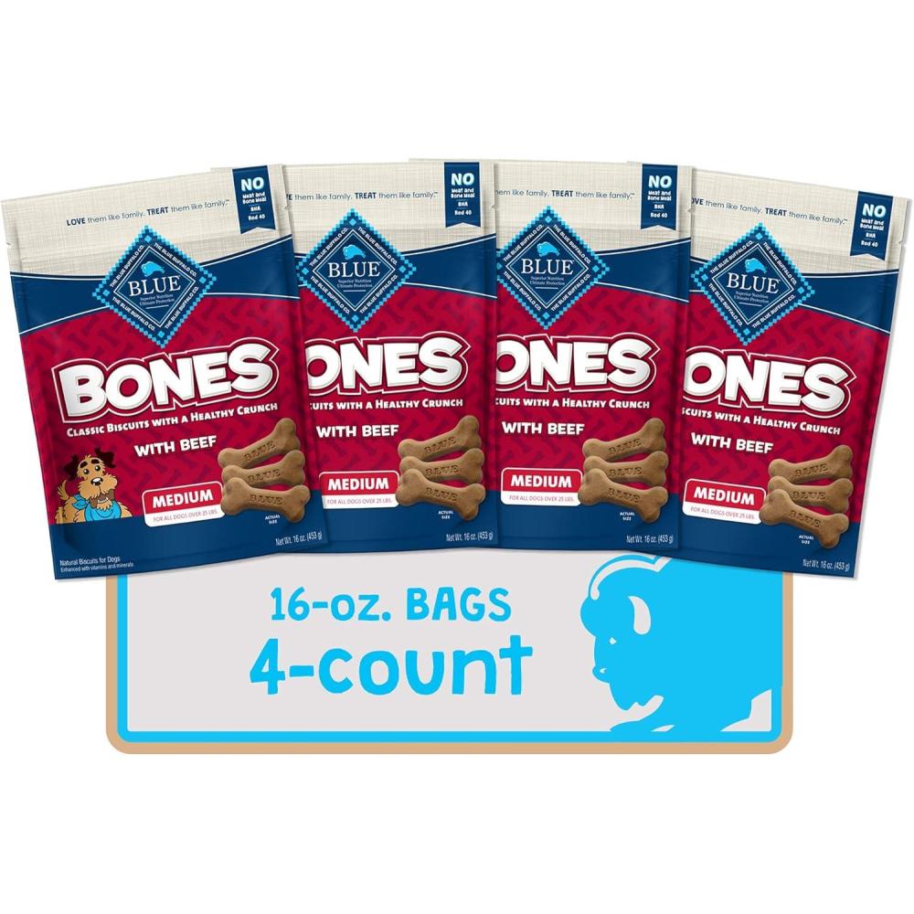 imageBlue Buffalo Bones Natural Crunchy Dog Treats Medium Dog Biscuits Beef 16oz Bag 4 CountMedium Biscuits For Dogs 25 lbs Beef