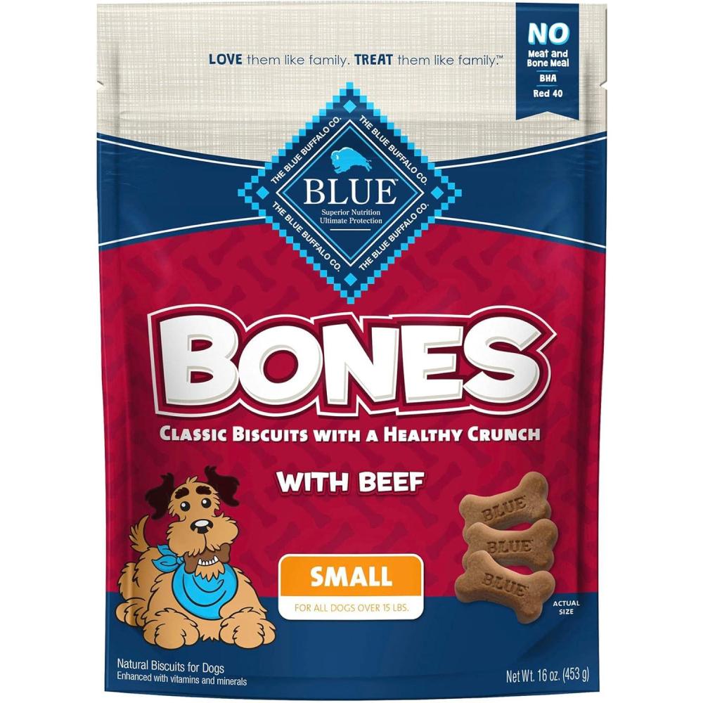 imageBlue Buffalo Bones Small Natural Dog Treats Crunchy Dog Biscuits Assorted Flavors  Beef Chicken Bacon Flavors 16oz Bag 4 PackSmall Biscuits For Dogs 15 lbs  Beef