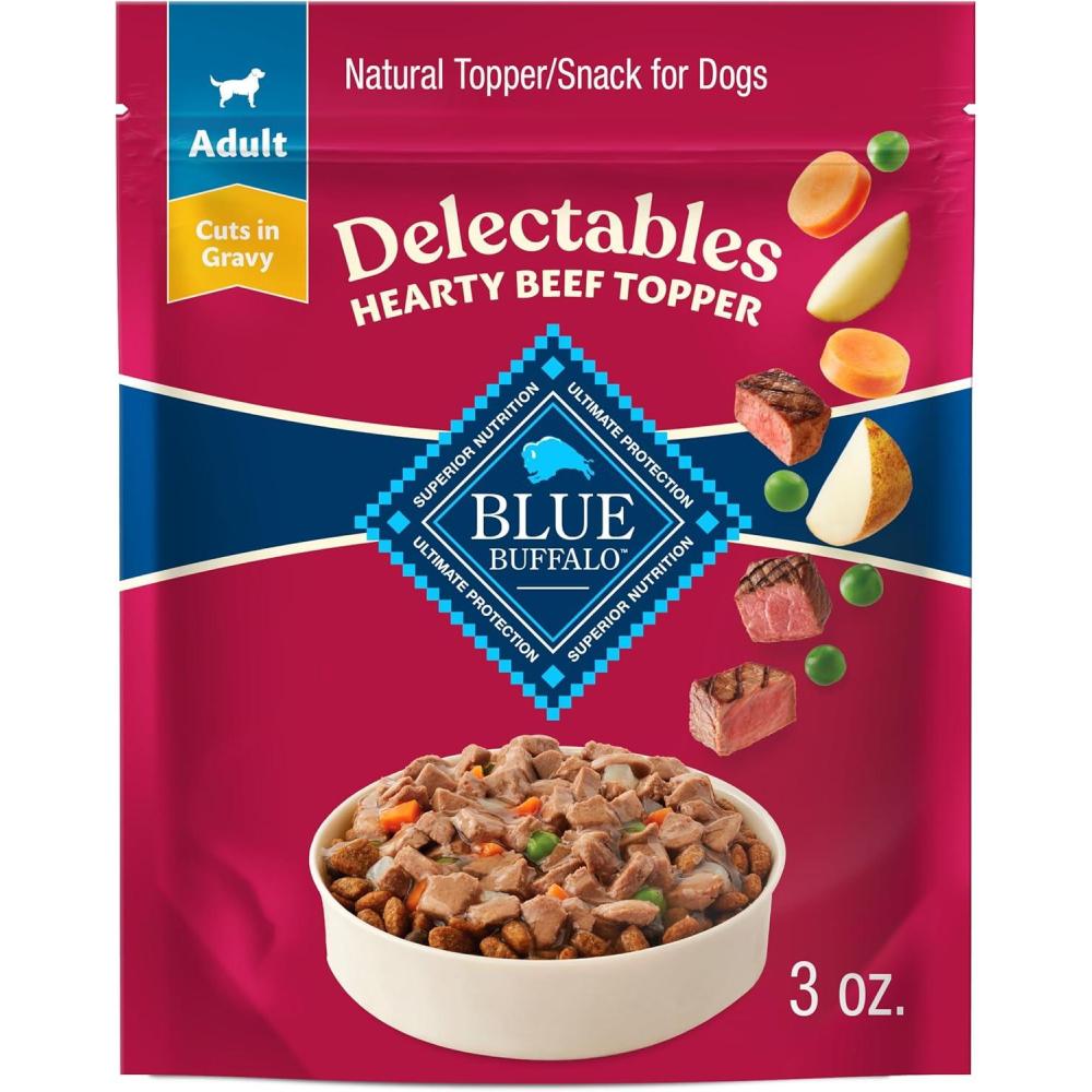 imageBlue Buffalo Delectables Natural Wet Dog Food Toppers Variety Pack Tasty Chicken amp Hearty Beef Cuts in Gravy 3oz 12 Pouches 6 of Each FlavorBeef